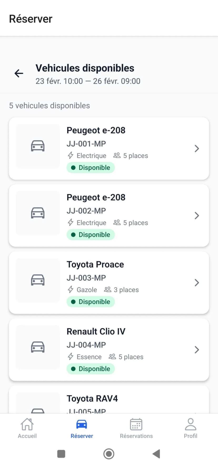 Véhicules disponibles